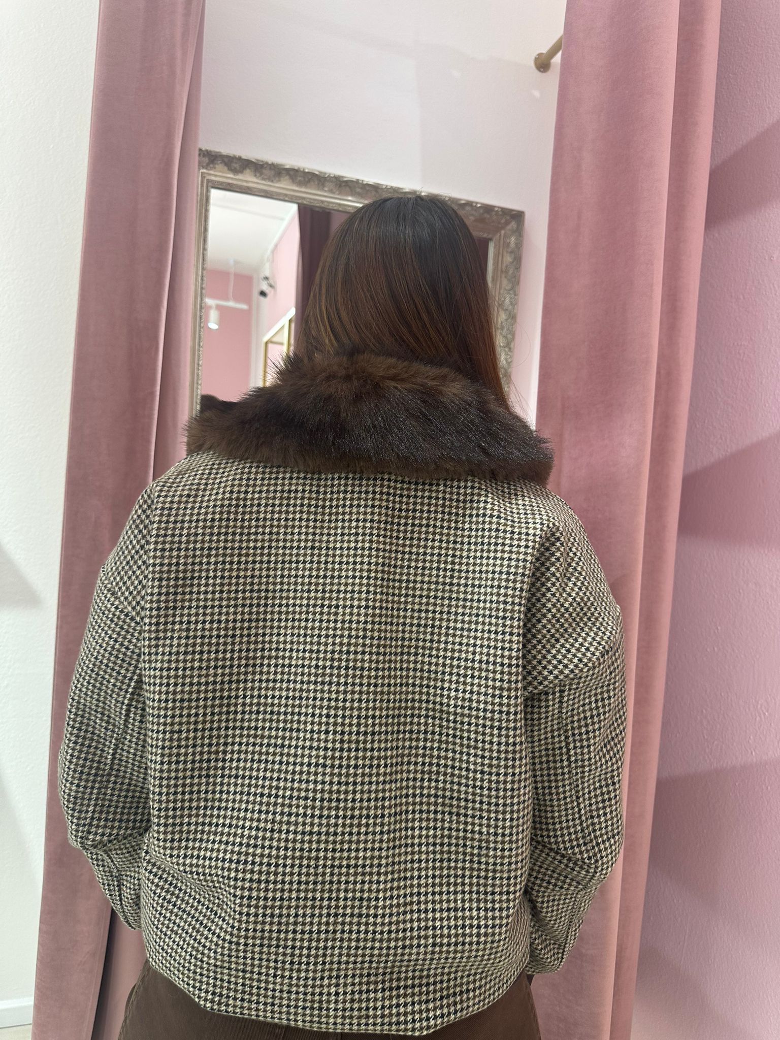 Bomber Pied de Poule con Collo in Eco-pelliccia