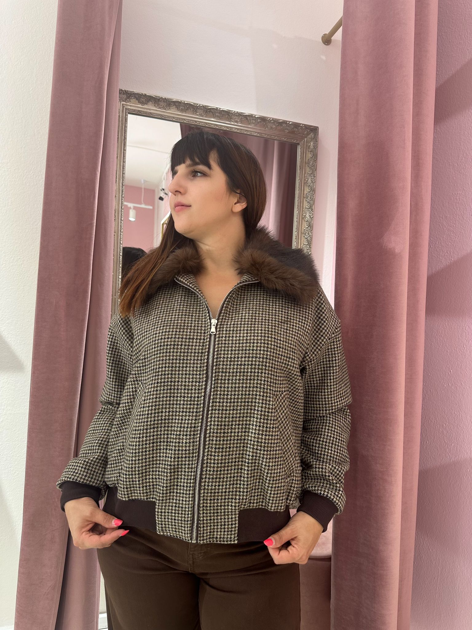 Bomber Pied de Poule con Collo in Eco-pelliccia
