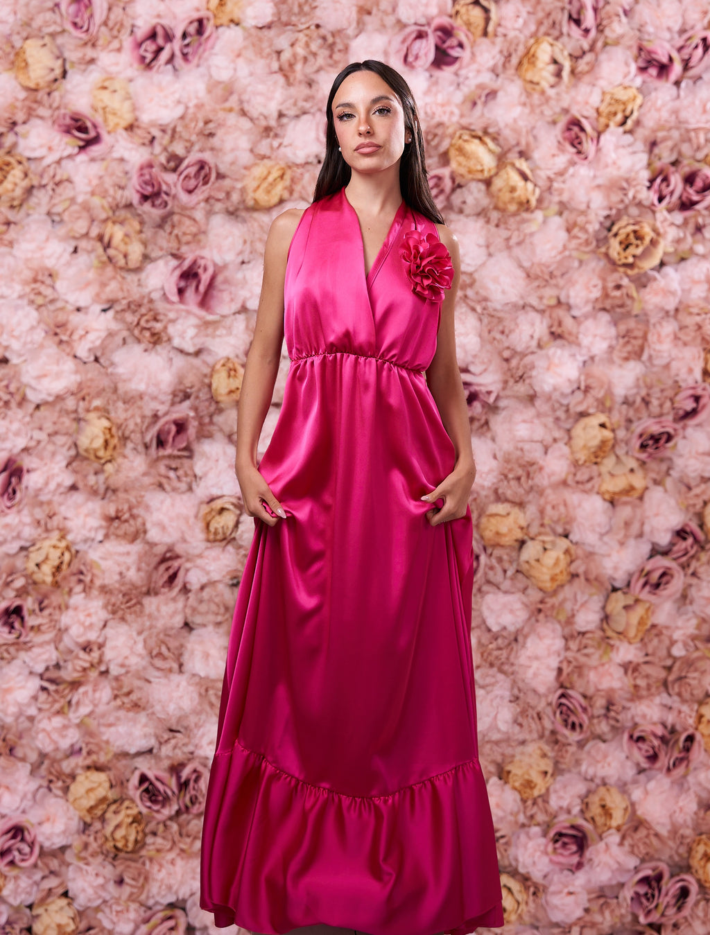 Abito Lungo Rosa Fiore Applicato
