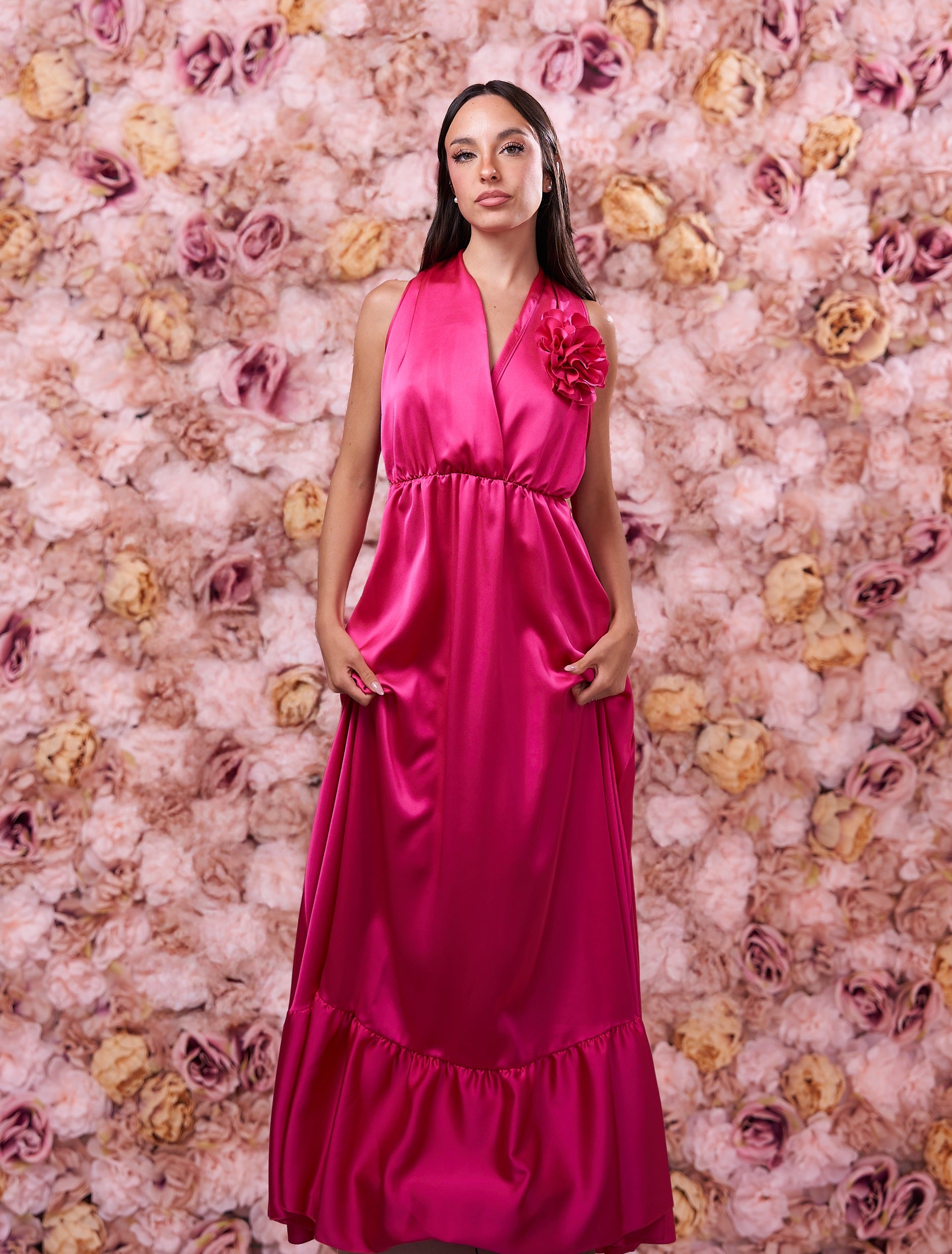 Abito Lungo Rosa Fiore Applicato