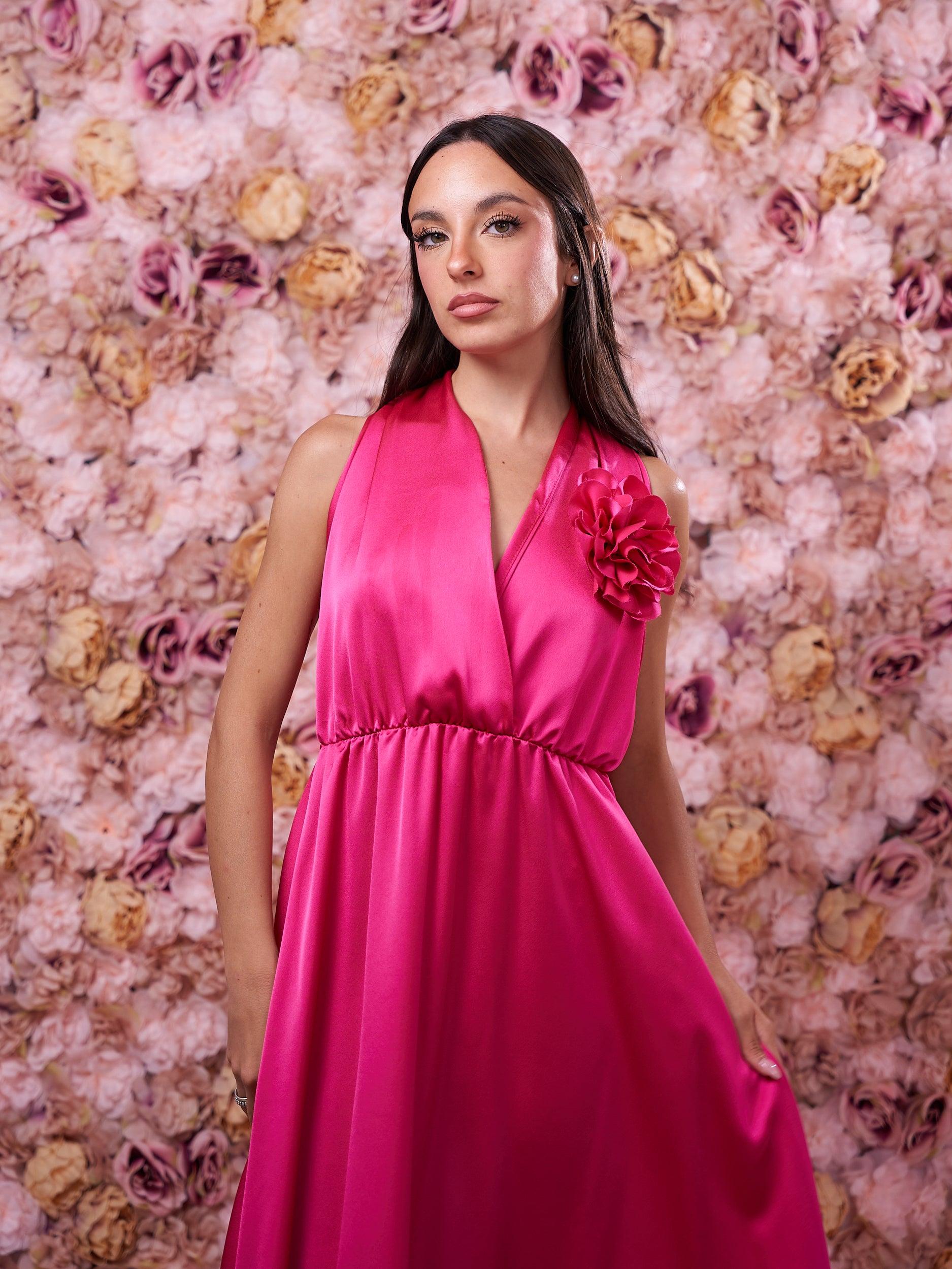 Abito Lungo Rosa Fiore Applicato